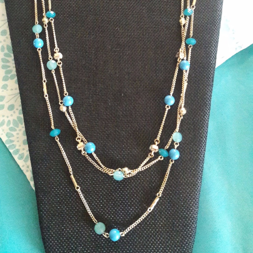 Three strand long gold-tone necklace, aqua (2)
